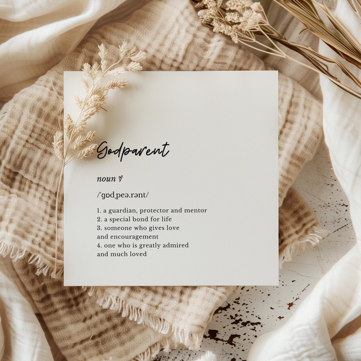 Minimalist godparent definition card with modern typography on textured card. Ideal for godparent proposal, Christening, or naming day gift.