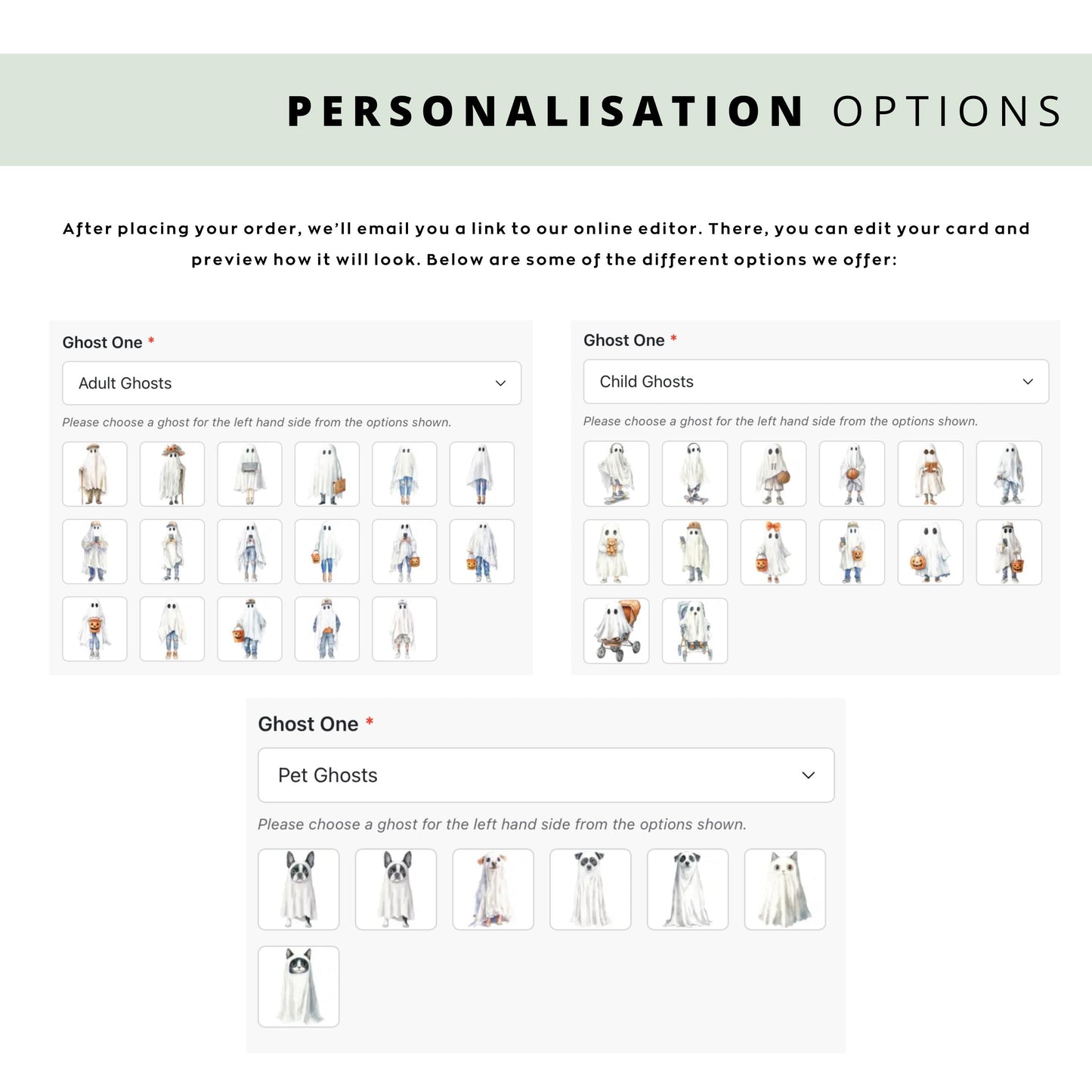 Personalised lesbian linen anniversary card featuring two women dressed as ghosts in a cute Halloween watercolour style, with names and wedding date.