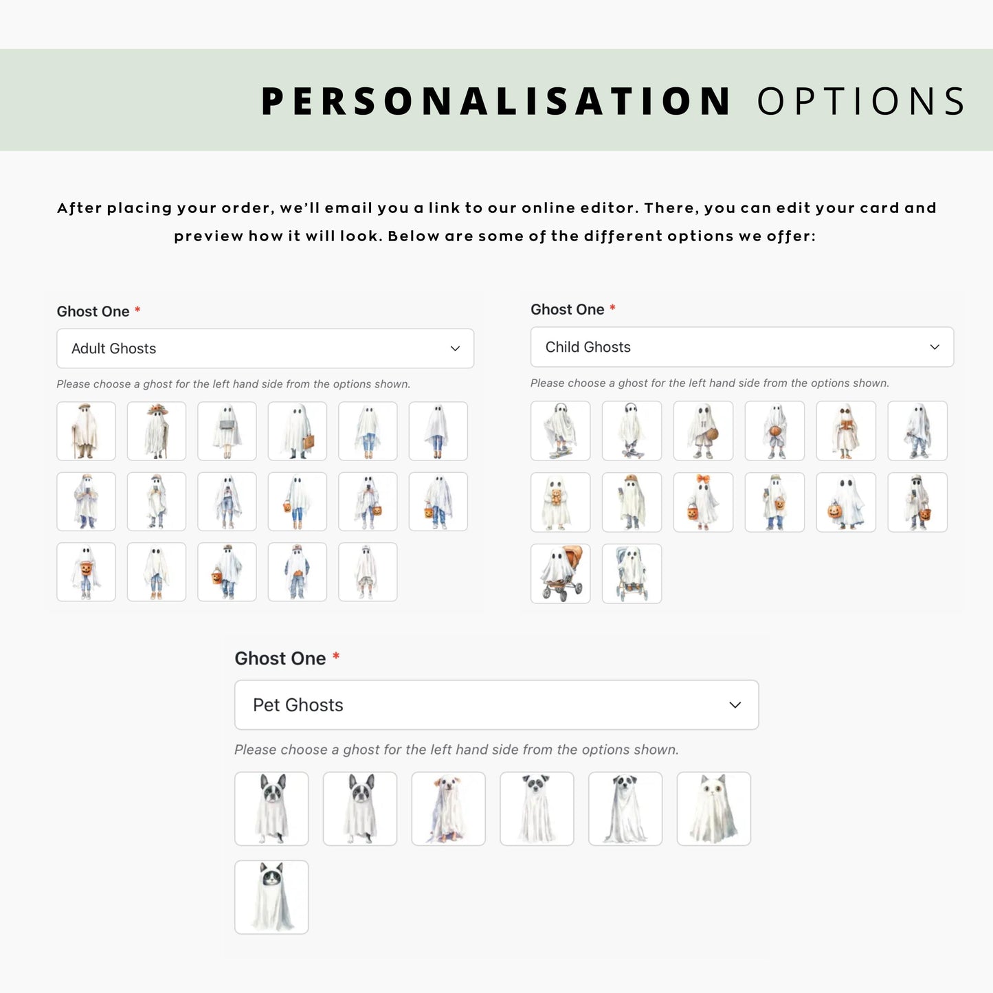 Personalised Halloween family print with four ghost characters, each labelled with a name, in a spooky watercolour style. Features parents, child, and baby in pram, perfect for autumn home décor.