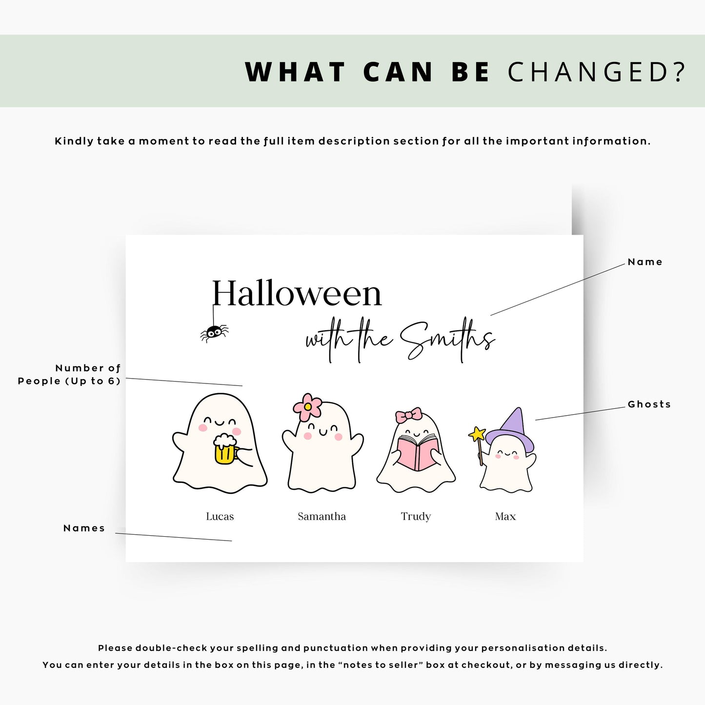 Personalised Halloween print with four cute ghost characters named Lucas, Samantha, Trudy, and Max, framed on a spooky decorated mantle.