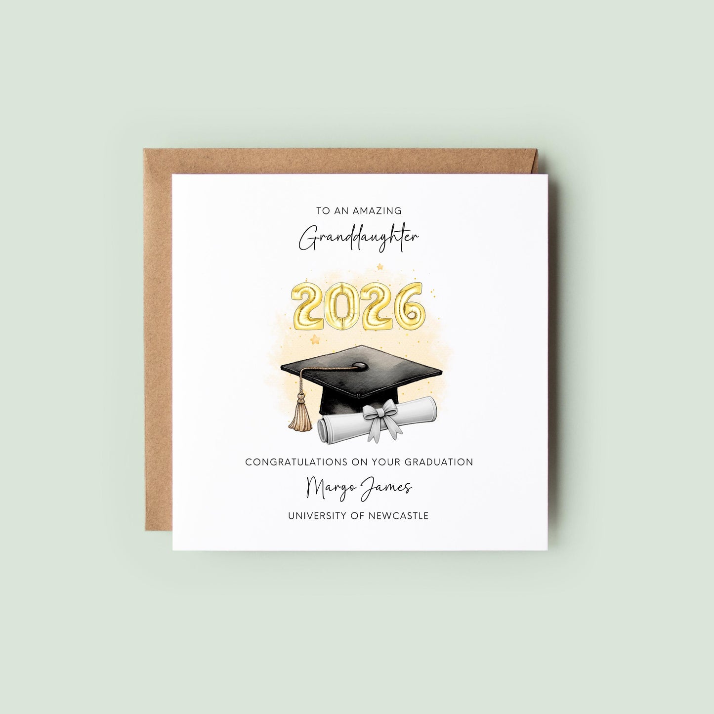 Personalised granddaughter graduation card featuring gold 2026 balloons, graduation cap and diploma scroll. Custom university graduation card with granddaughter title, graduate name, university details and congratulations message.