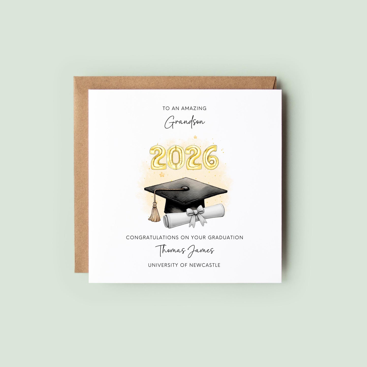 Personalised grandson graduation card featuring gold 2026 balloons, graduation cap and diploma scroll. Custom university graduation card with grandson title, graduate name, university details and congratulations message.