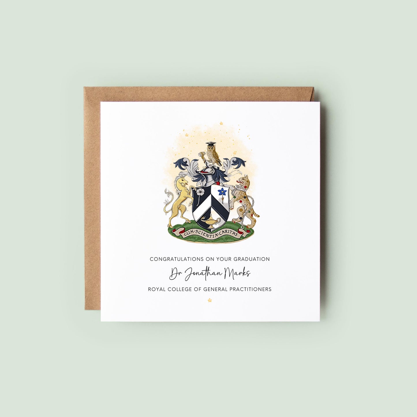 Personalised Royal College of General Practitioners graduation card featuring the RCGP crest with custom graduate name and congratulations message.