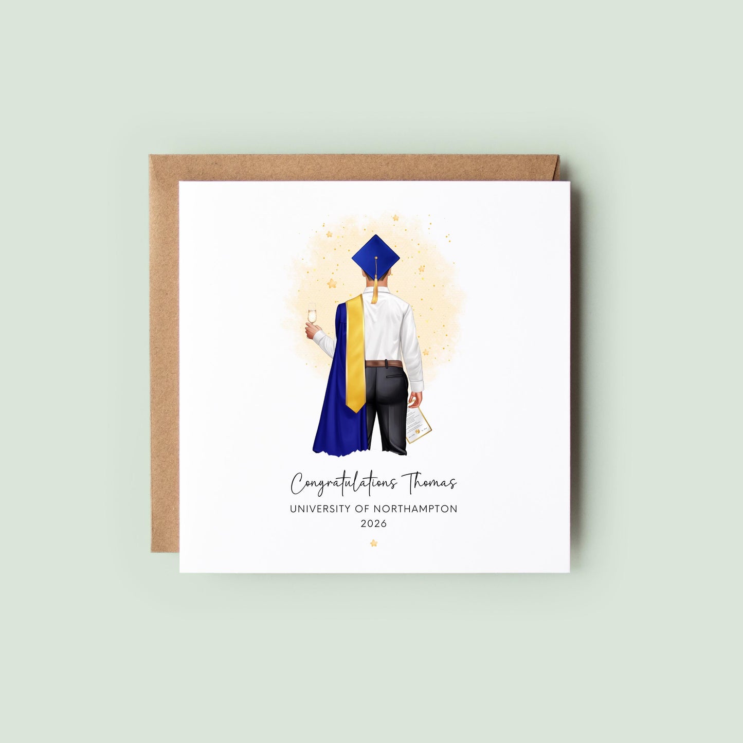 Personalised graduation card for him featuring a male graduate in blue and gold academic robes with custom name, university and graduation year.