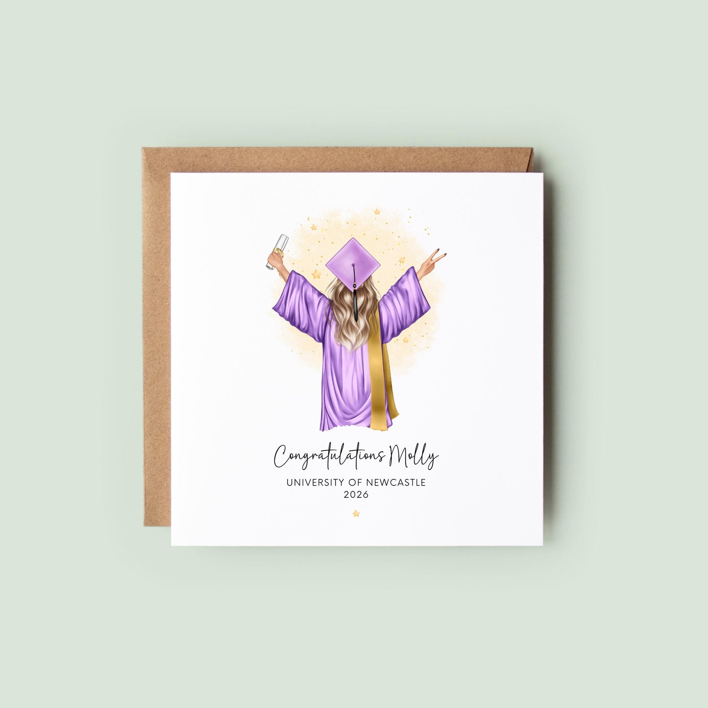 Personalised graduation card for her featuring a custom illustration of a female graduate from behind, wearing a black cap and gown, holding a diploma. Text reads "She believed she could so she did". Unique handmade university graduation keepsake gift.