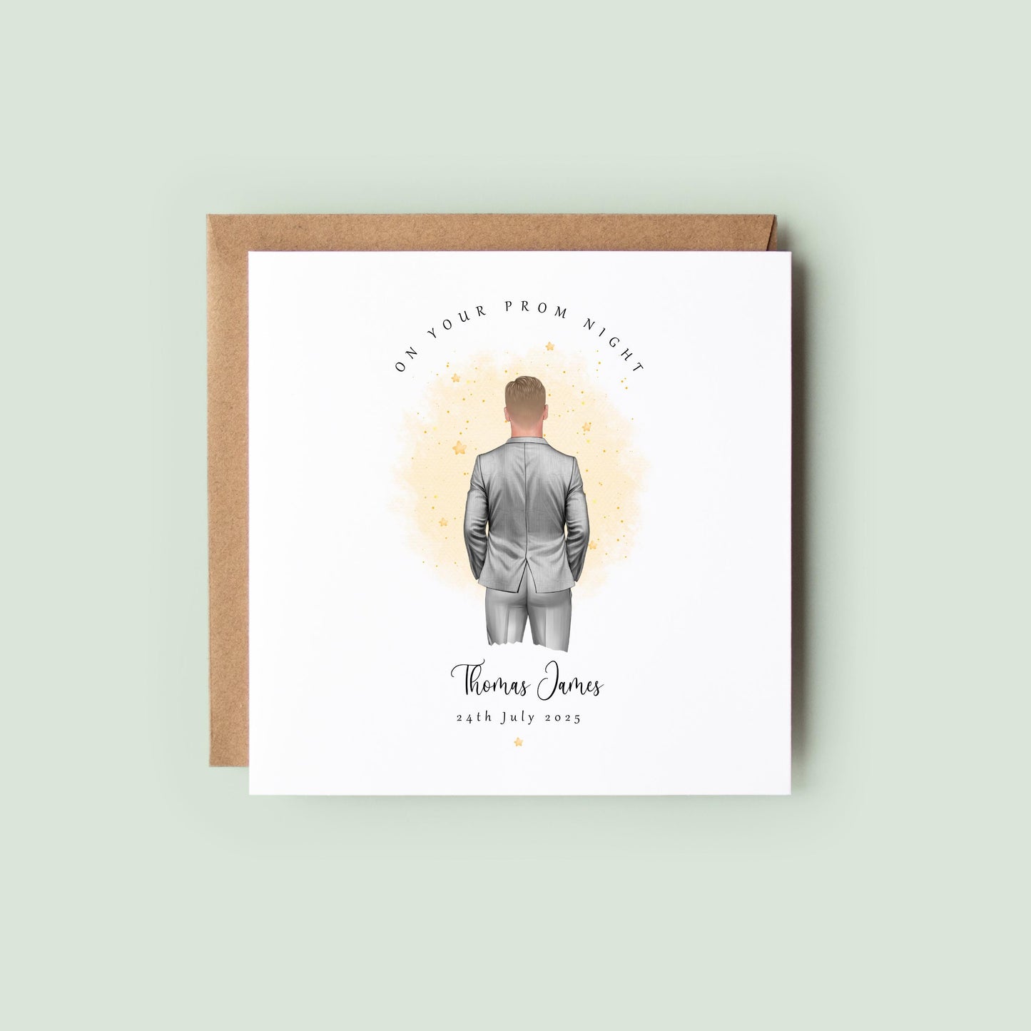 Personalised prom card featuring a male figure in a silver suit with custom name and prom date.