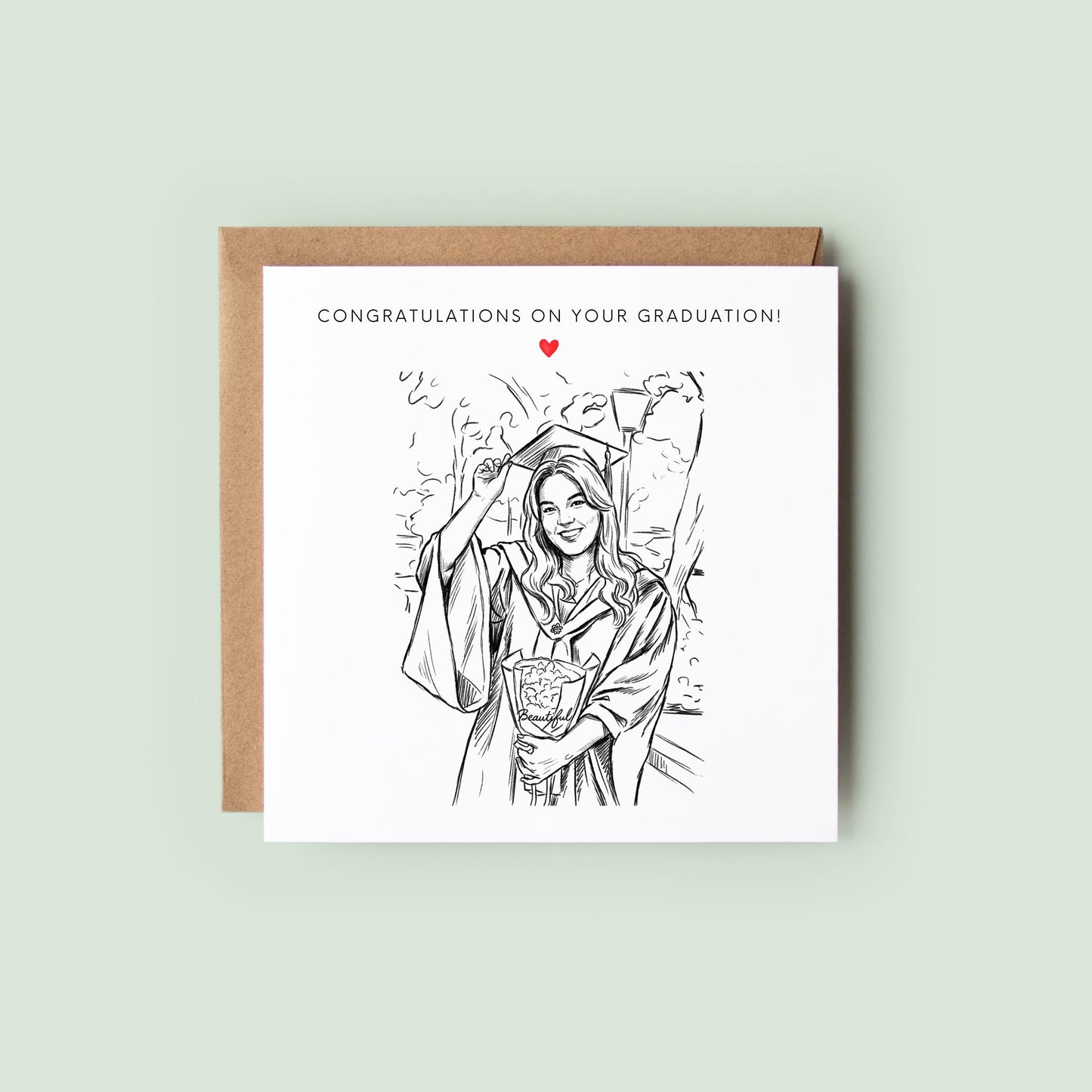 Personalised graduation card featuring a custom sketch portrait created from a graduation photo.