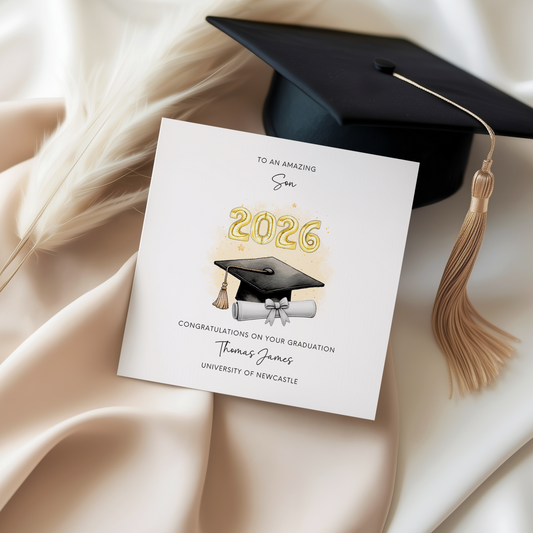 Personalised graduation card for a son featuring a graduation cap, diploma and 2027 design