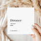 Funny long distance “Distance definition” greeting card reading “Distance… can suck it”, shown on a square white card with Kraft envelope behind, blank inside, 6x6 inches.