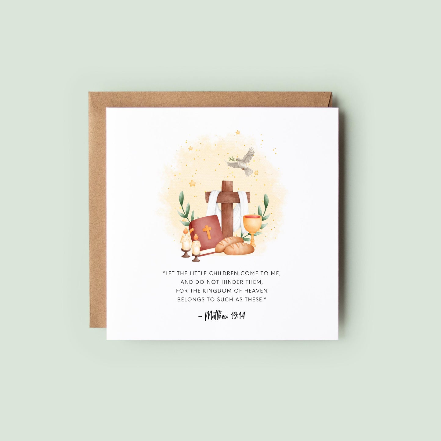 Christening or Holy Communion card with Bible verse Matthew 19:14, religious keepsake card featuring cross, bread, wine, Bible and dove illustration, styled with flowers