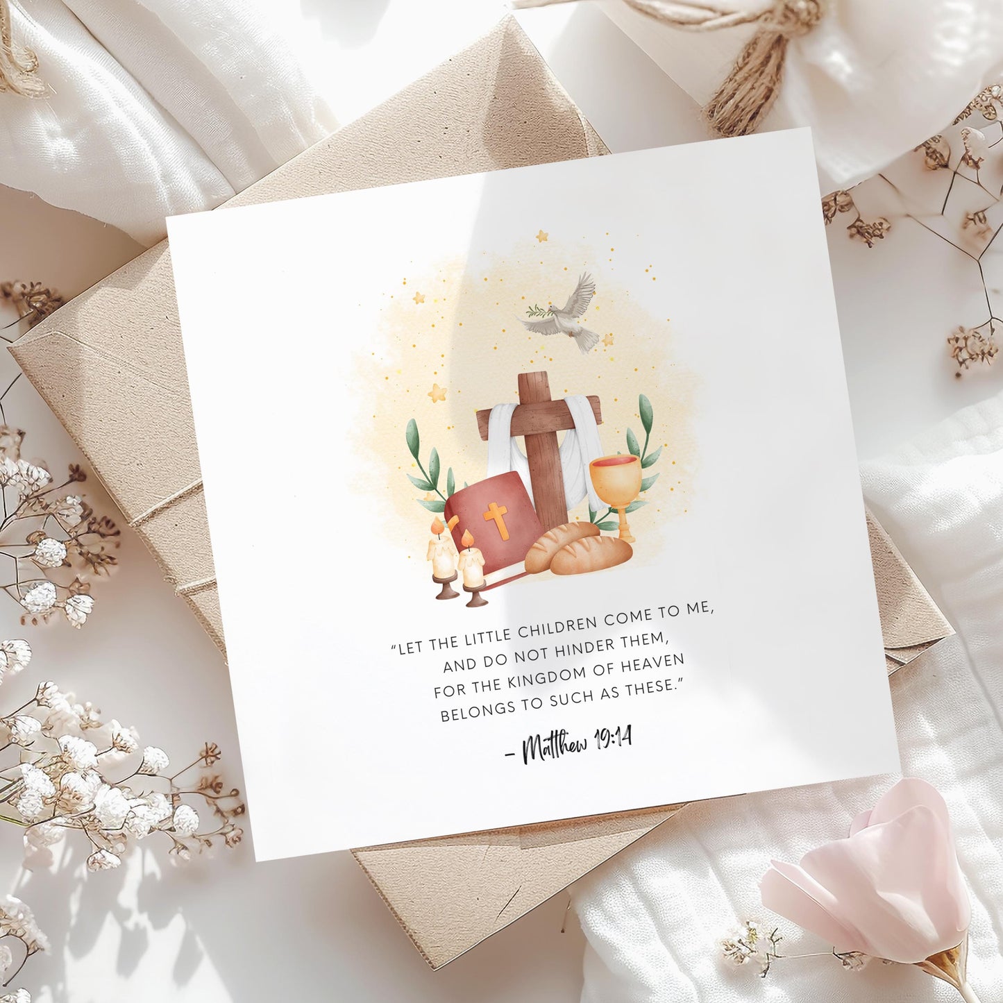 Christening or Holy Communion card with Bible verse Matthew 19:14, religious keepsake card featuring cross, bread, wine, Bible and dove illustration, styled with flowers