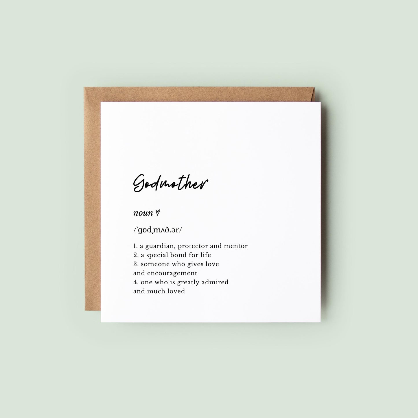 Minimalist godmother definition card with modern typography on textured card. Ideal for godparent proposal, Christening, or naming day gift.