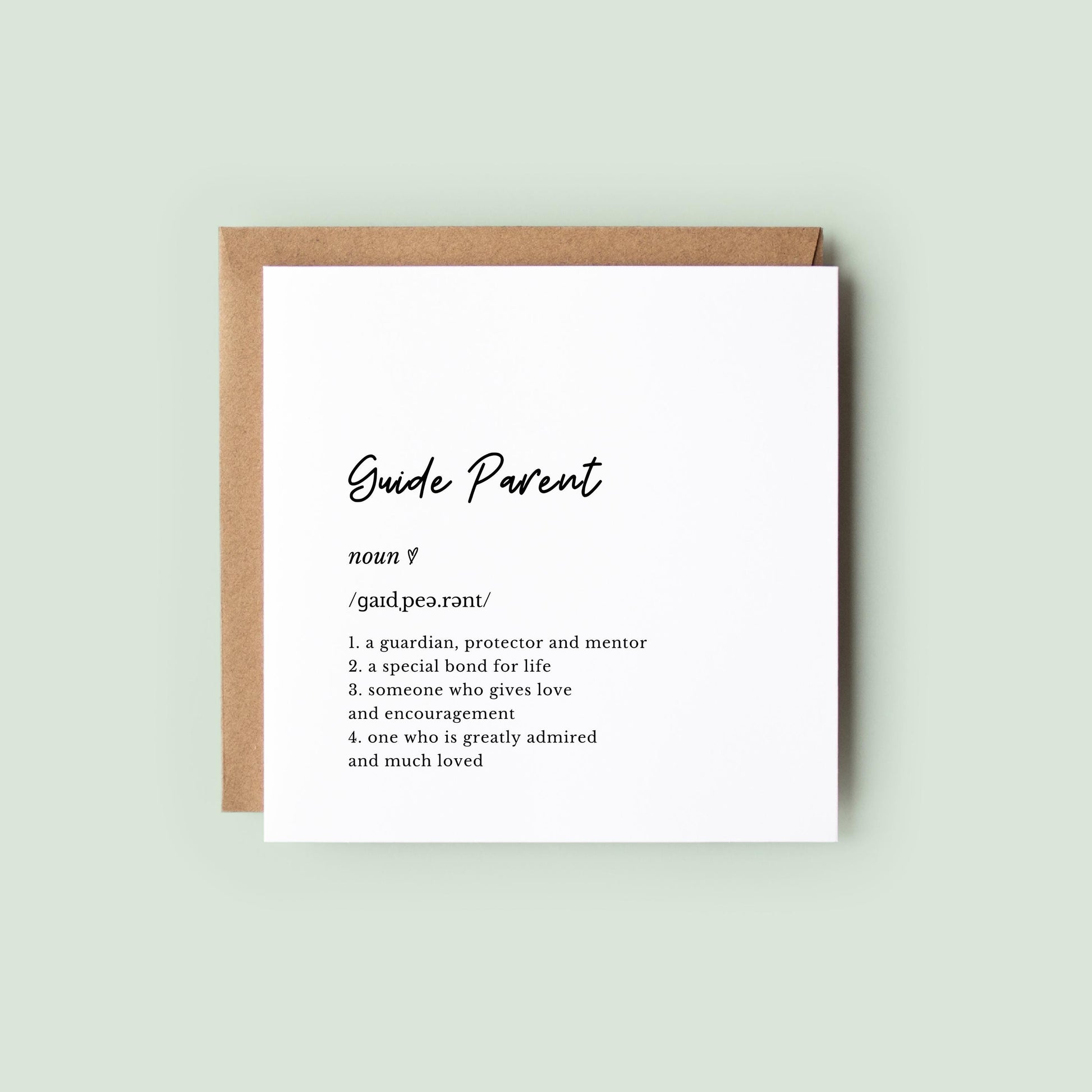 Minimalist guide parent definition card with modern typography on textured card. Ideal for godparent proposal, Christening, or naming day gift.