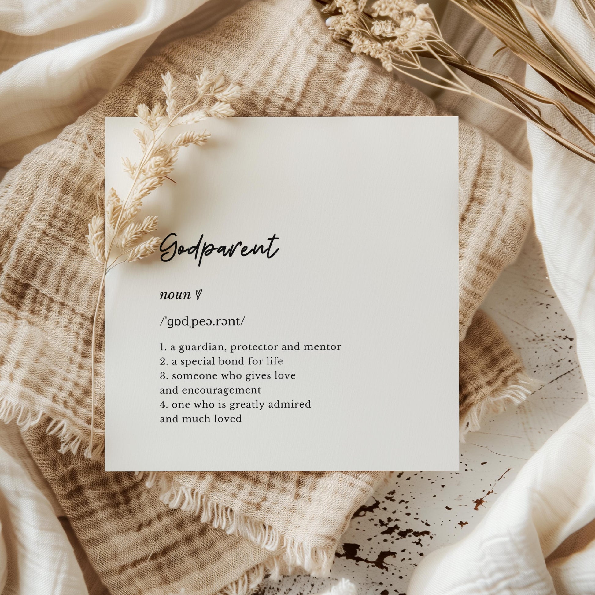 Minimalist godparent definition card with modern typography on textured card. Ideal for godparent proposal, Christening, or naming day gift.