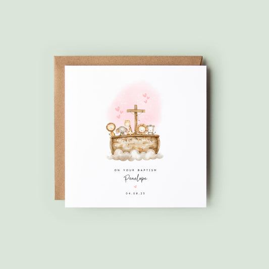 Personalised christening or baptism card featuring Noah’s Ark design with animals and a cross. Custom name and date. Ideal for baby girls, daughters, nieces, goddaughters or granddaughters.