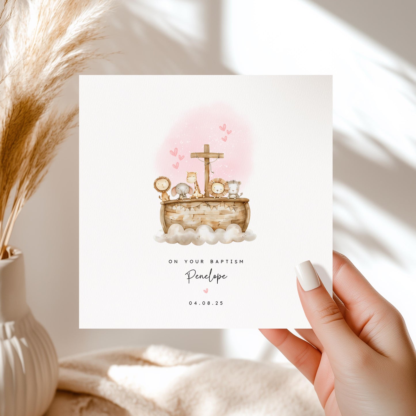 Personalised christening or baptism card featuring Noah’s Ark design with animals and a cross. Custom name and date. Ideal for baby girls, daughters, nieces, goddaughters or granddaughters.