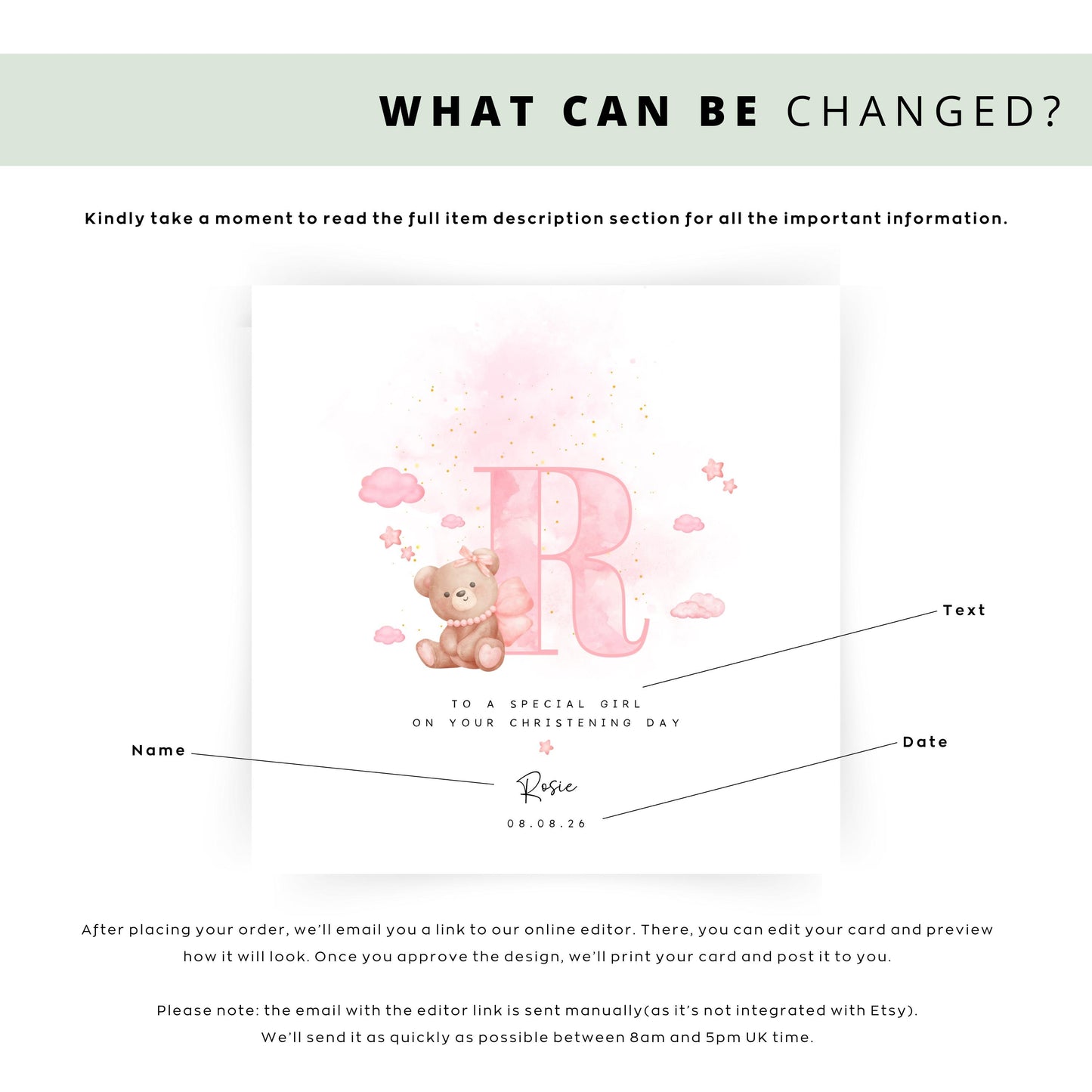 Personalised baptism card for baby girl with pink watercolour letter, teddy bear on cloud, and custom name and date. Perfect for christening or naming day keepsakes.