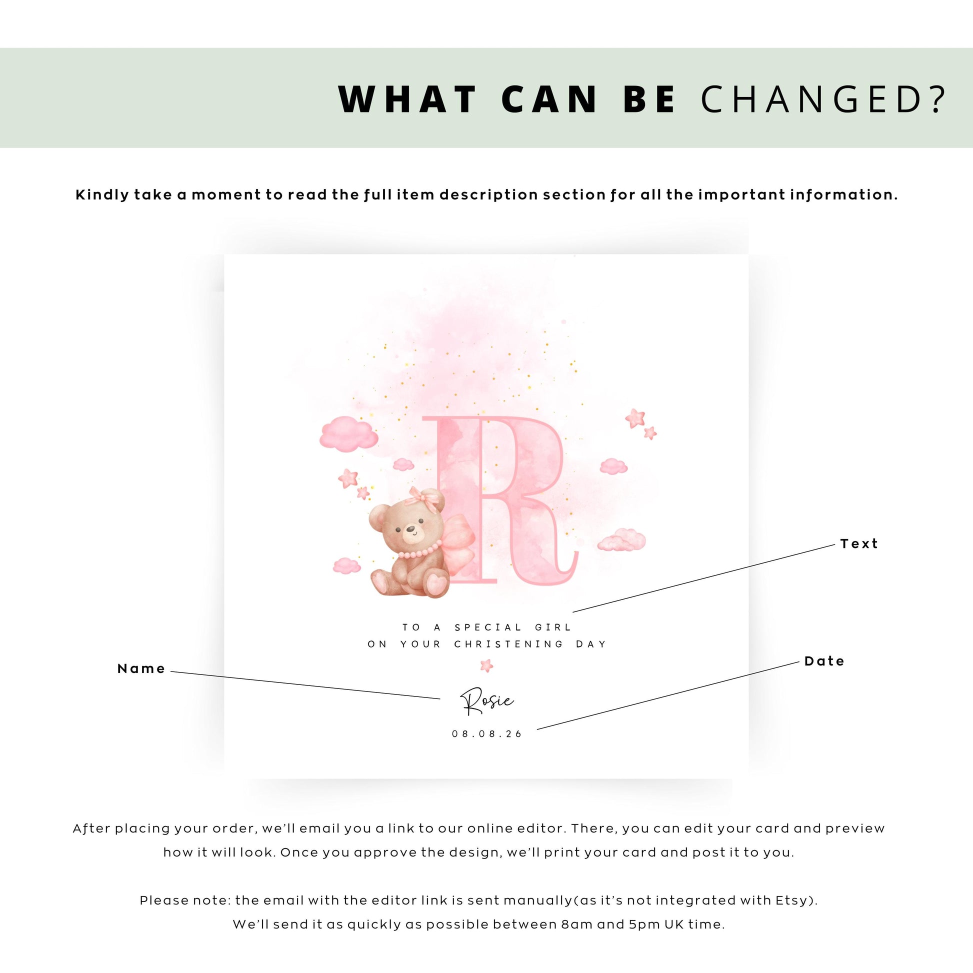 Personalised baptism card for baby girl with pink watercolour letter, teddy bear on cloud, and custom name and date. Perfect for christening or naming day keepsakes.