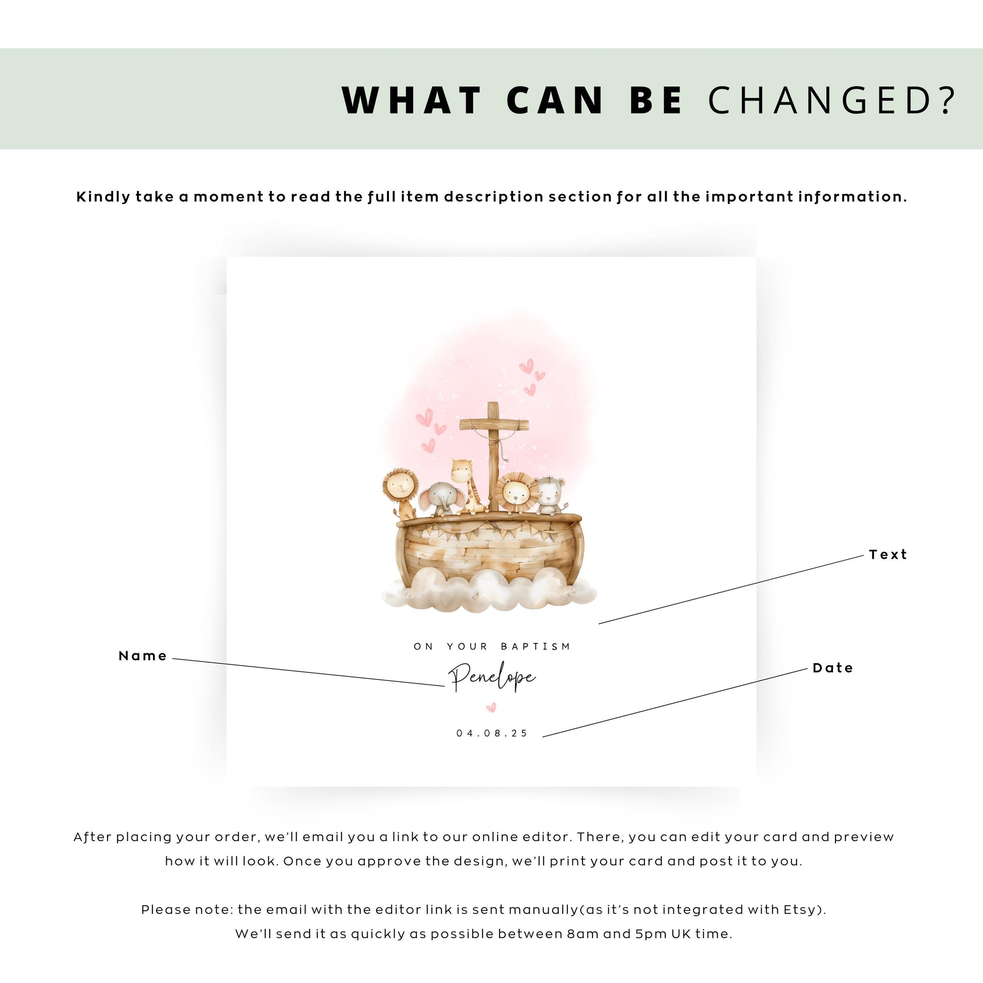 Personalised christening or baptism card featuring Noah’s Ark design with animals and a cross. Custom name and date. Ideal for baby girls, daughters, nieces, goddaughters or granddaughters.