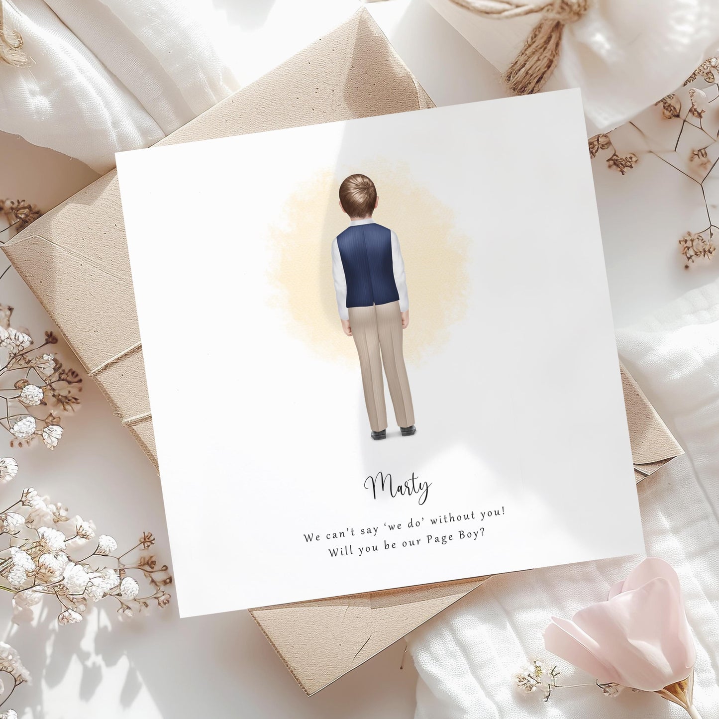 Personalised “Will You Be My Page Boy?” card featuring a back-view illustration of a young boy in a navy waistcoat and beige trousers with custom name and message.