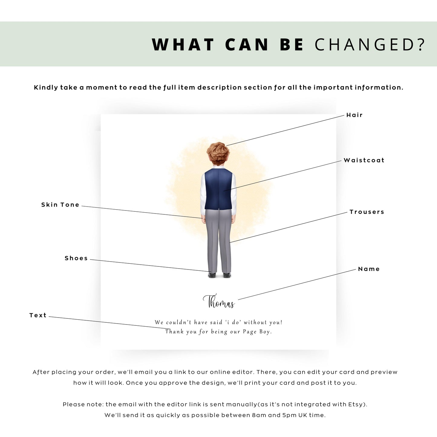 Personalised thank you card for a page boy with back-view illustration of boy in navy waistcoat and grey trousers, featuring custom name and message.