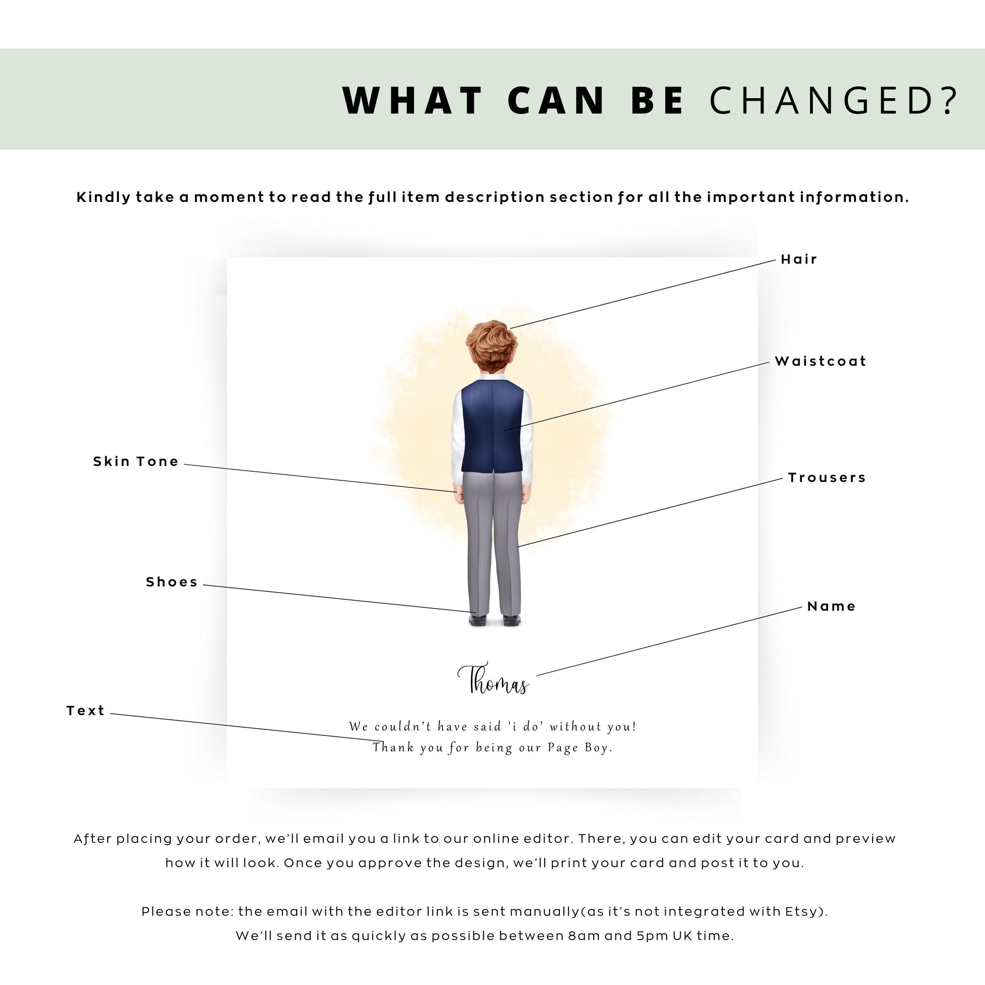 Personalised thank you card for a page boy with back-view illustration of boy in navy waistcoat and grey trousers, featuring custom name and message.