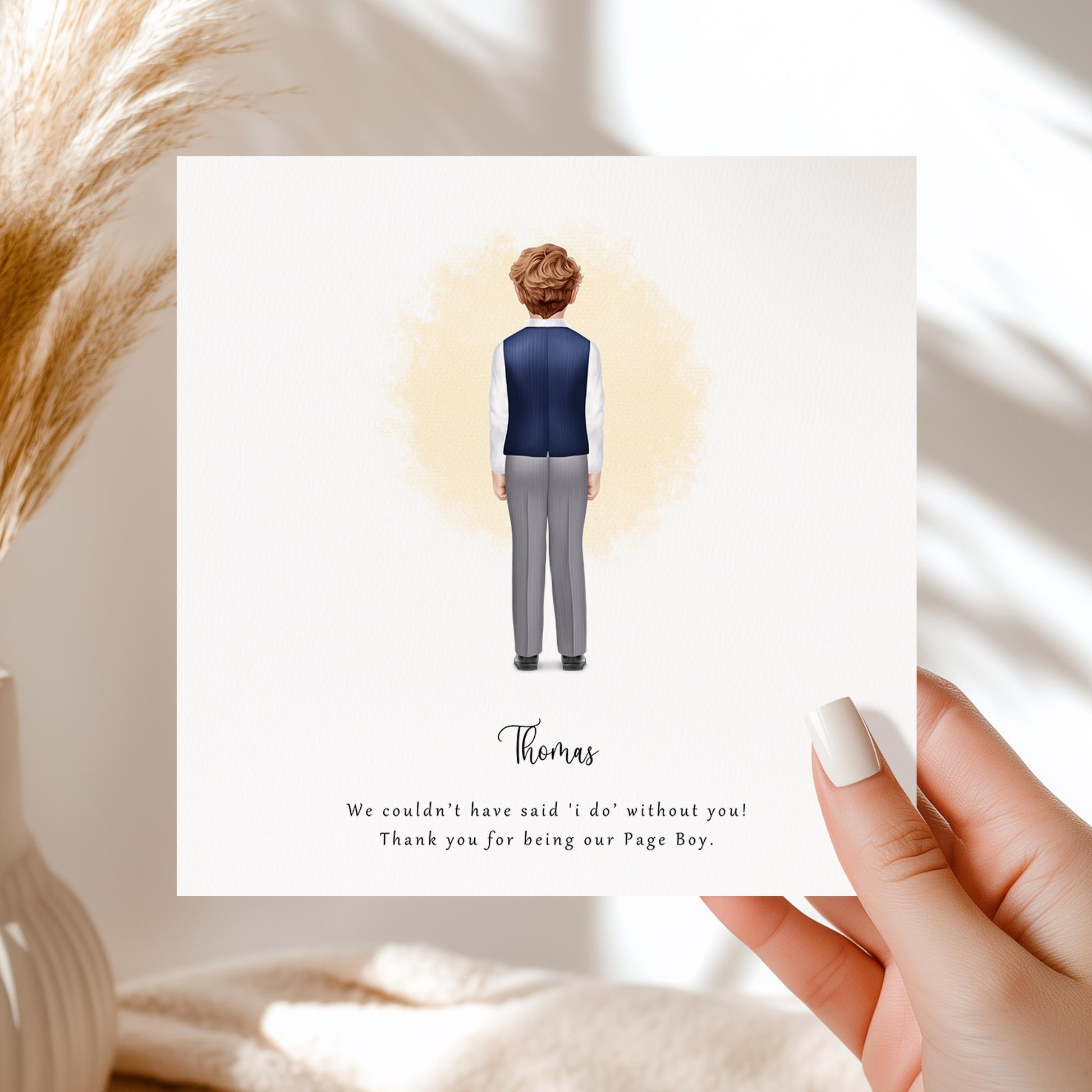 Personalised thank you card for a page boy with back-view illustration of boy in navy waistcoat and grey trousers, featuring custom name and message.