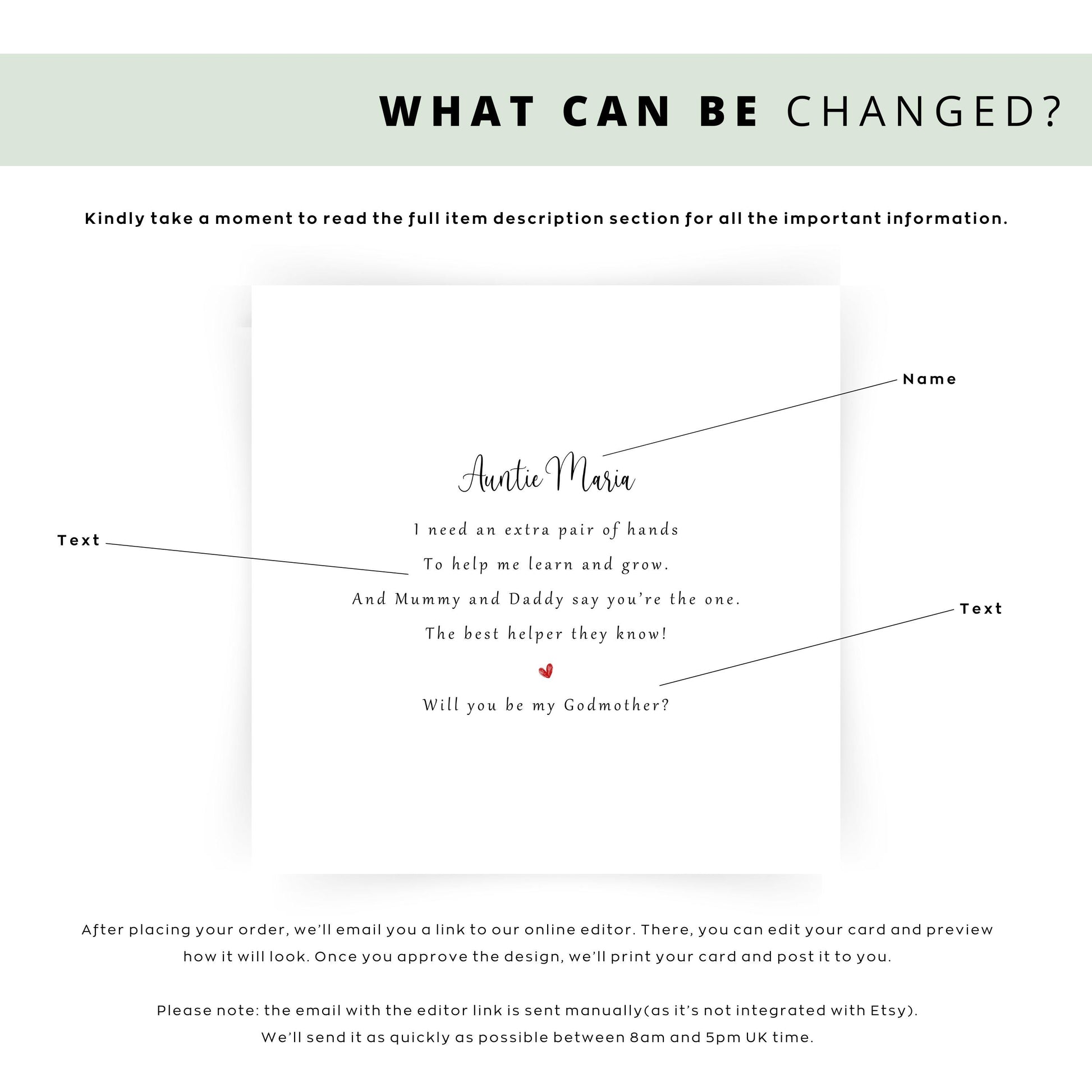 Personalised godmother proposal card with poem, featuring the recipient’s name and a heart accent, displayed with a kraft envelope and soft floral styling.