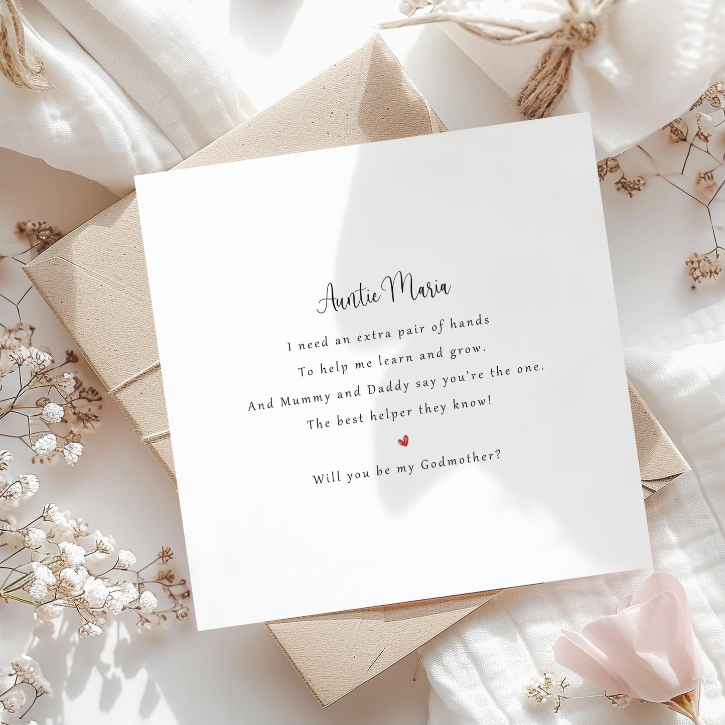 Personalised godmother proposal card with poem, featuring the recipient’s name and a heart accent, displayed with a kraft envelope and soft floral styling.
