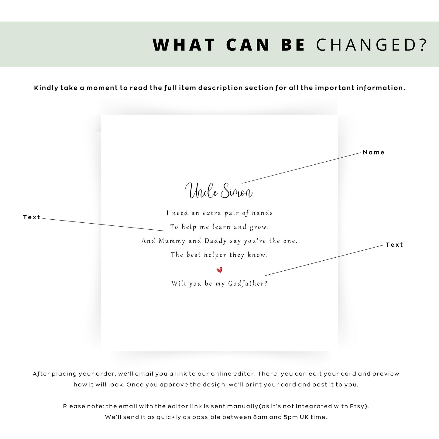 Personalised Will You Be My Godfather proposal card with custom name, printed rhyme, and heart detail, perfect for Christening, Baptism, or Naming Day.