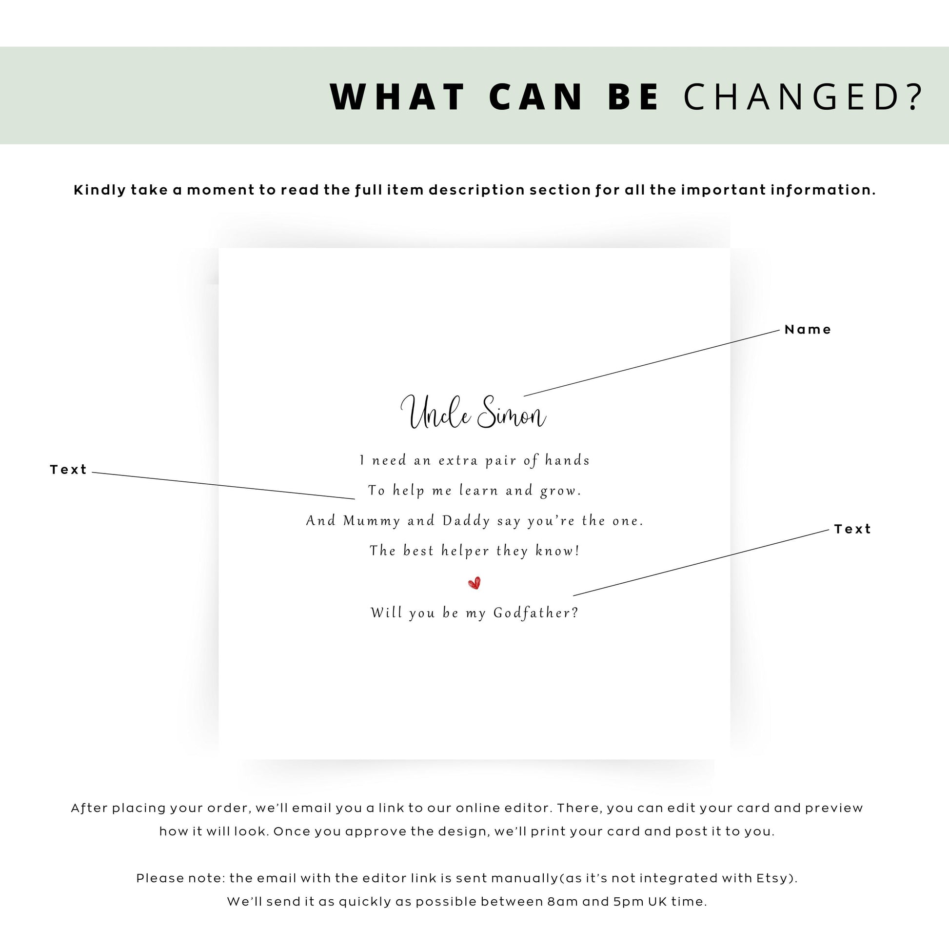 Personalised Will You Be My Godfather proposal card with custom name, printed rhyme, and heart detail, perfect for Christening, Baptism, or Naming Day.