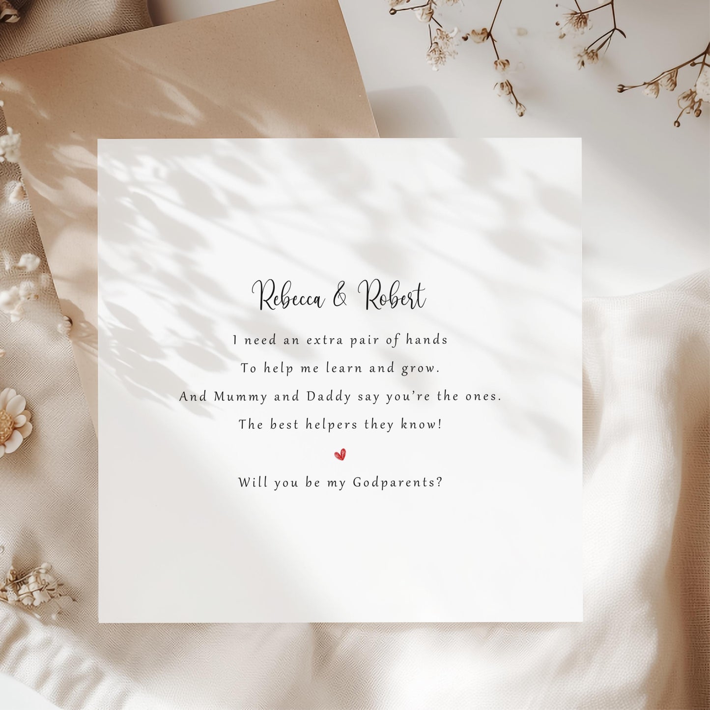 Personalised Will You Be My Godparents proposal card with custom names and printed rhyme, perfect for Christening, Baptism, or Naming Day celebrations.