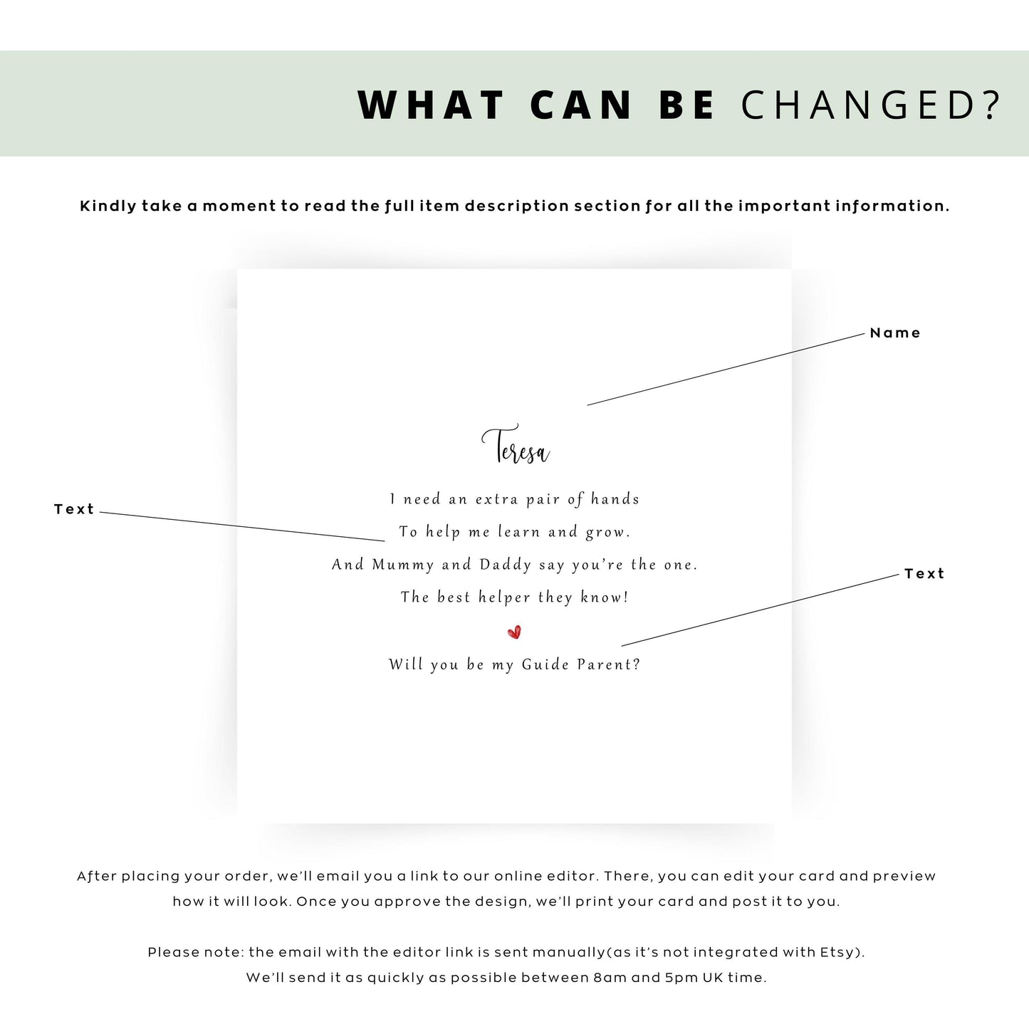 Personalised Will You Be My Guide Parent proposal card with custom name and heartfelt rhyme, perfect for Christening, Baptism, or Naming Day.