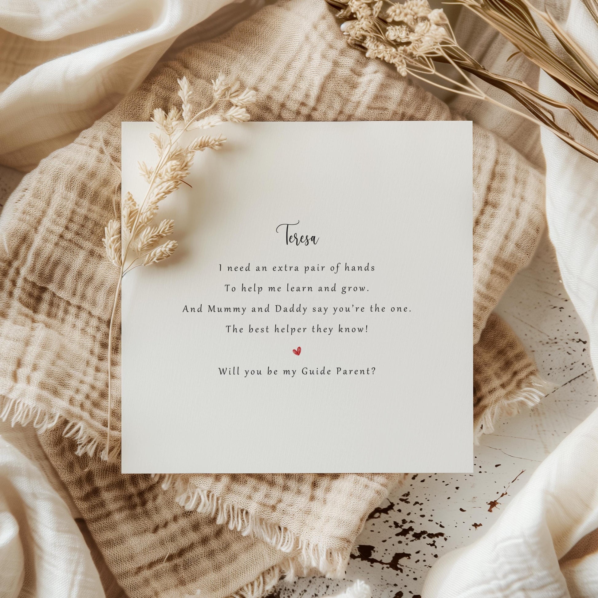 Personalised Will You Be My Guide Parent proposal card with custom name and heartfelt rhyme, perfect for Christening, Baptism, or Naming Day.