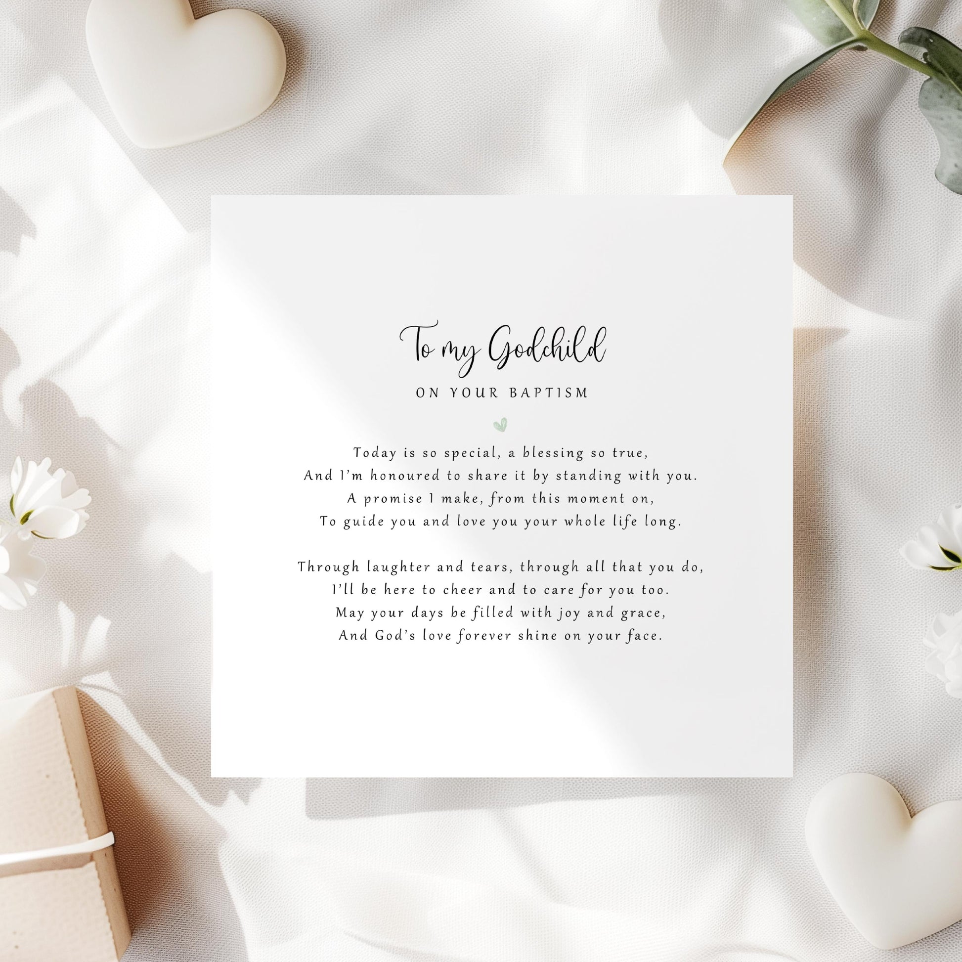 Personalised baptism card from godparent to godchild with heartfelt poem, perfect keepsake gift for christening or naming day.