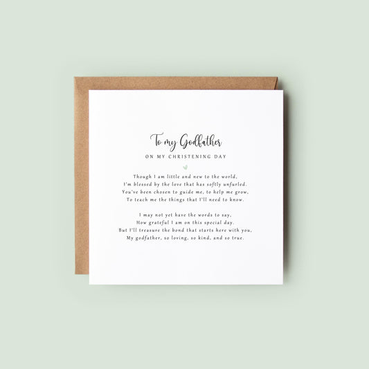 Personalised christening day poem card from baby to godfather, printed on eco-friendly card with kraft envelope.