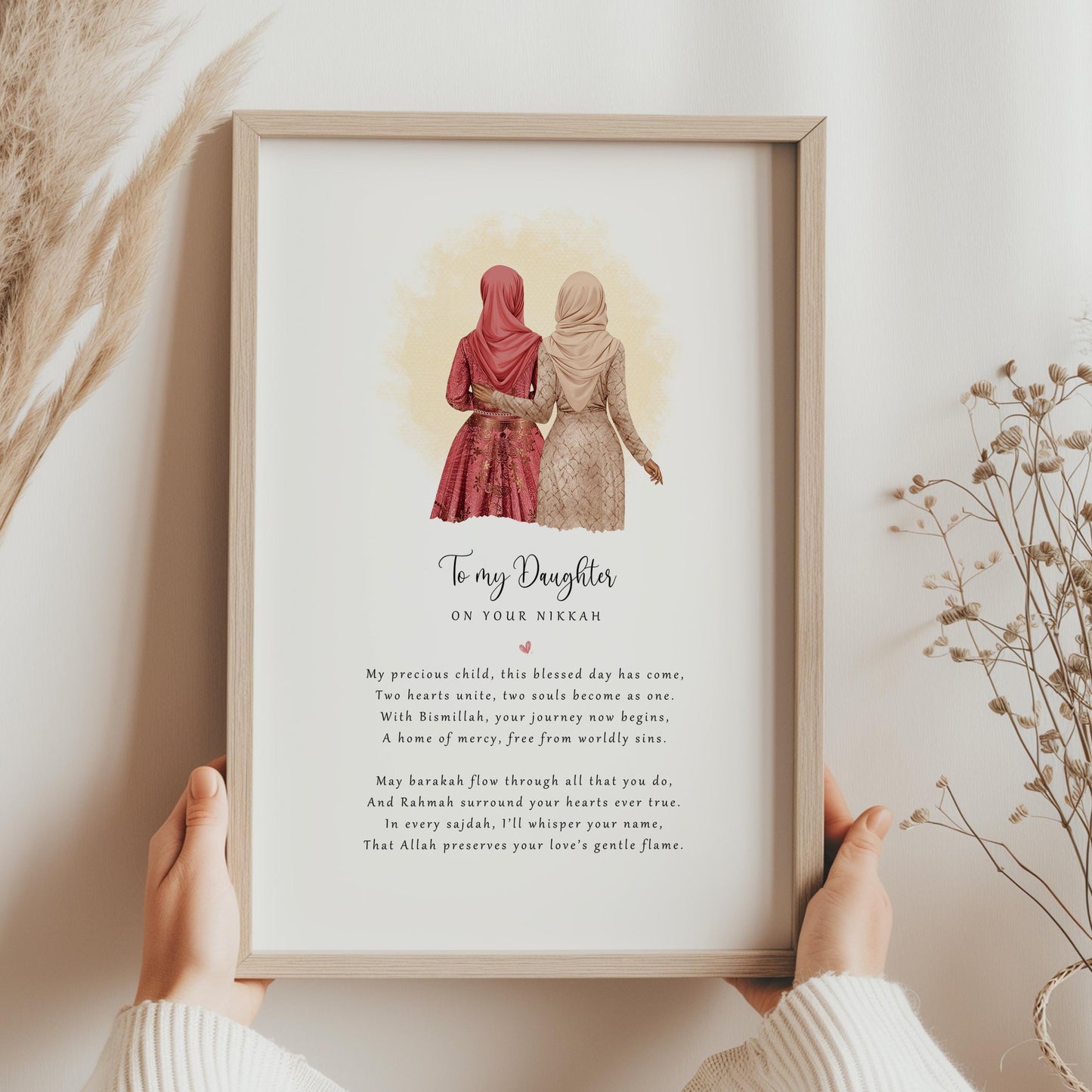Personalised Nikkah print from Mum to Daughter with hijab bride and mother illustration and poem, framed wall art.