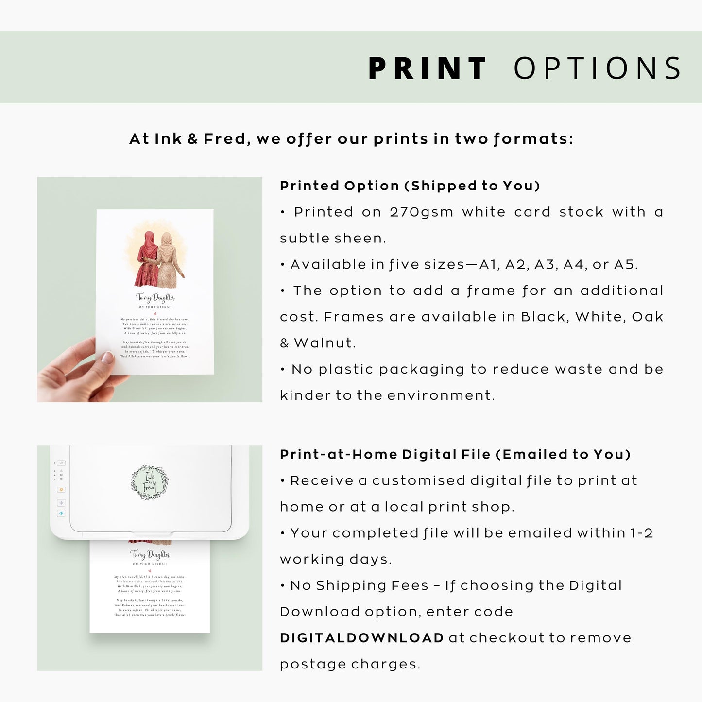 Custom Muslim wedding day keepsake with names and date, mother and bride artwork in neutral tones.