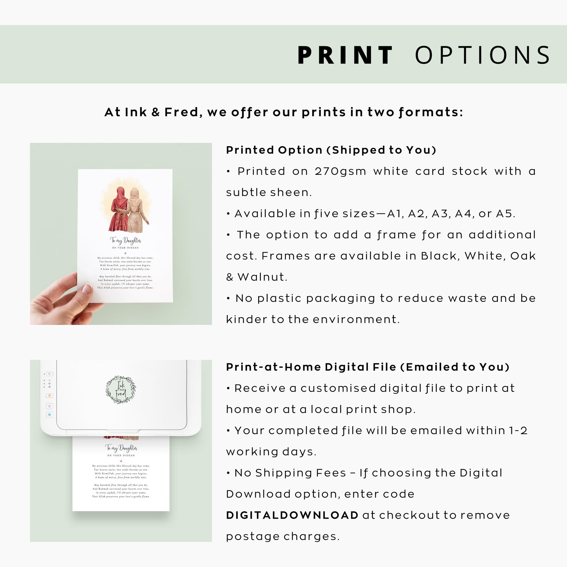 Custom Muslim wedding day keepsake with names and date, mother and bride artwork in neutral tones.