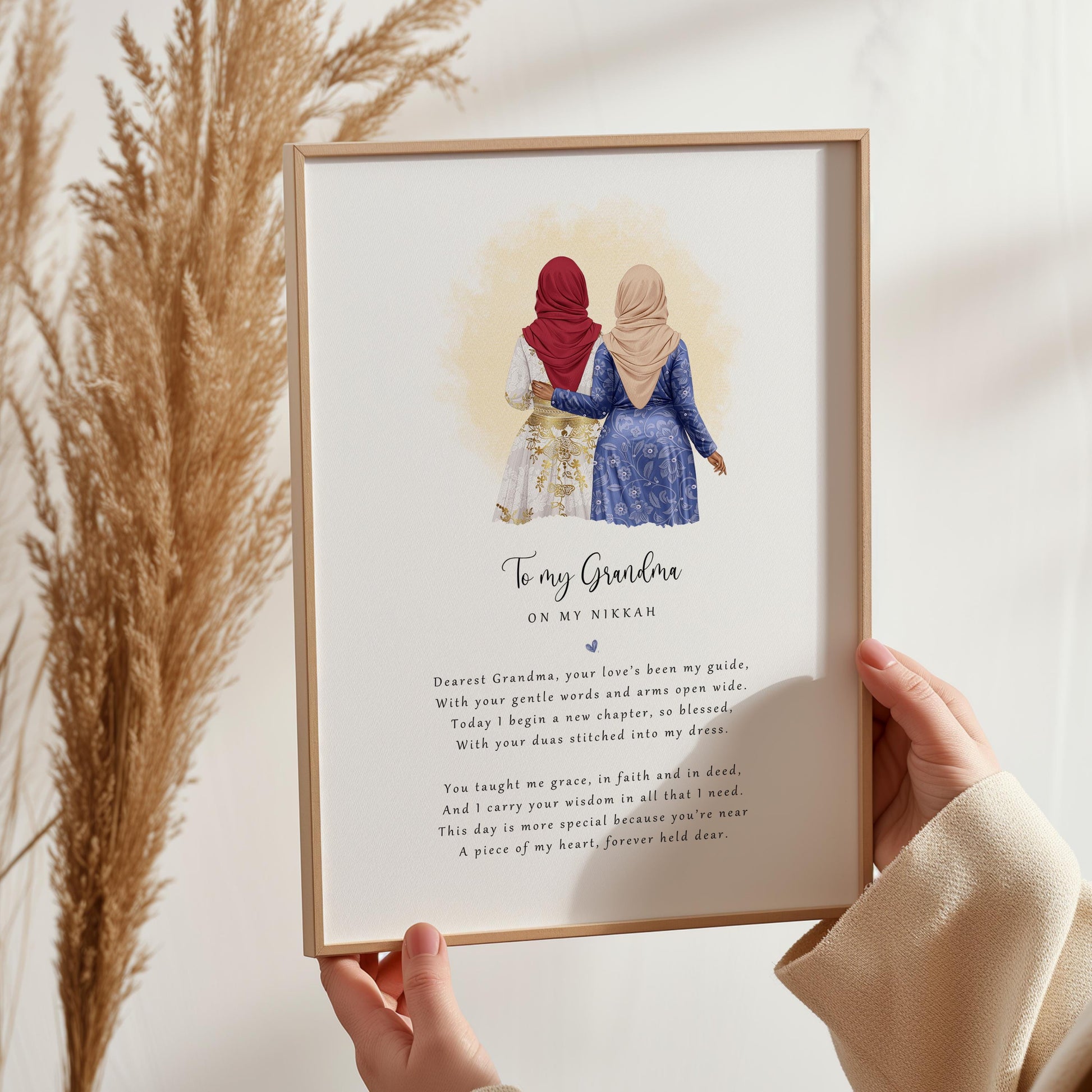 Personalised Nikkah print from bride to Grandma with hijab illustration and poem, framed keepsake.