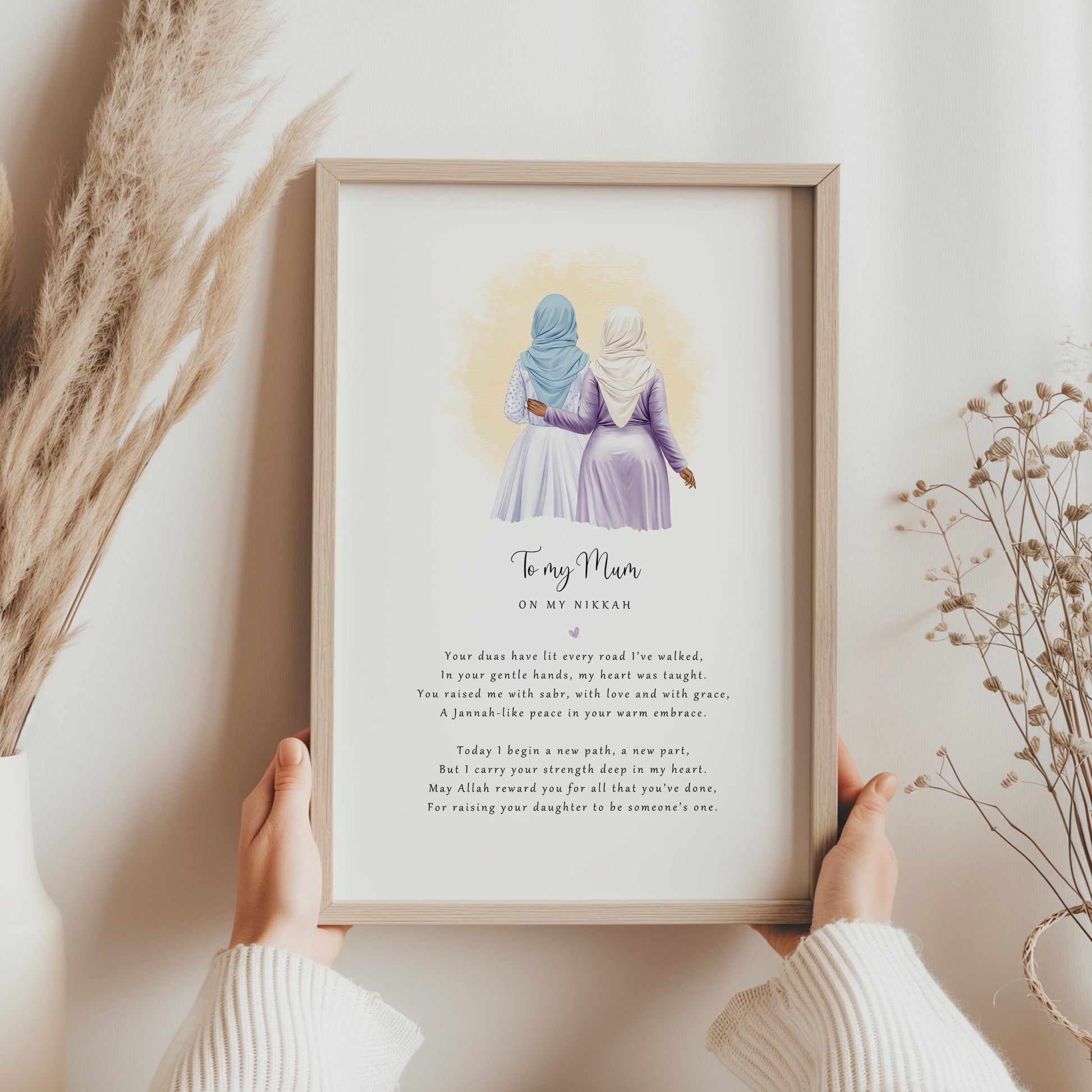 Personalised Nikkah print from daughter to Mum with hijab illustration and poem, framed.