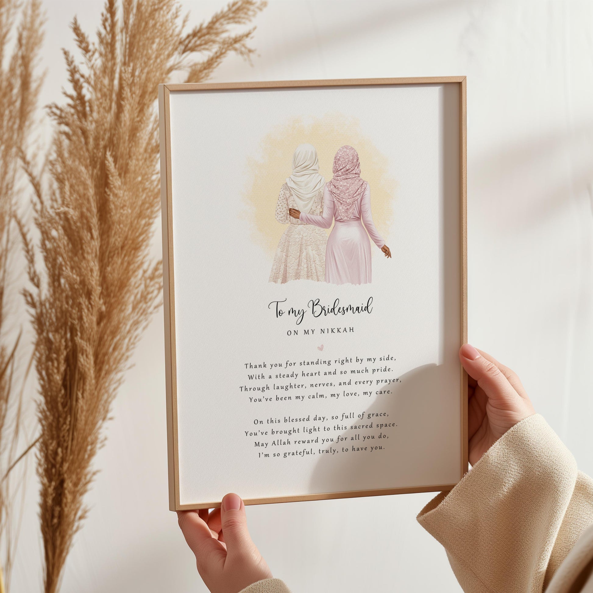 Personalised “To My Bridesmaid on My Nikkah” poem print with hijab illustration in wooden frame.