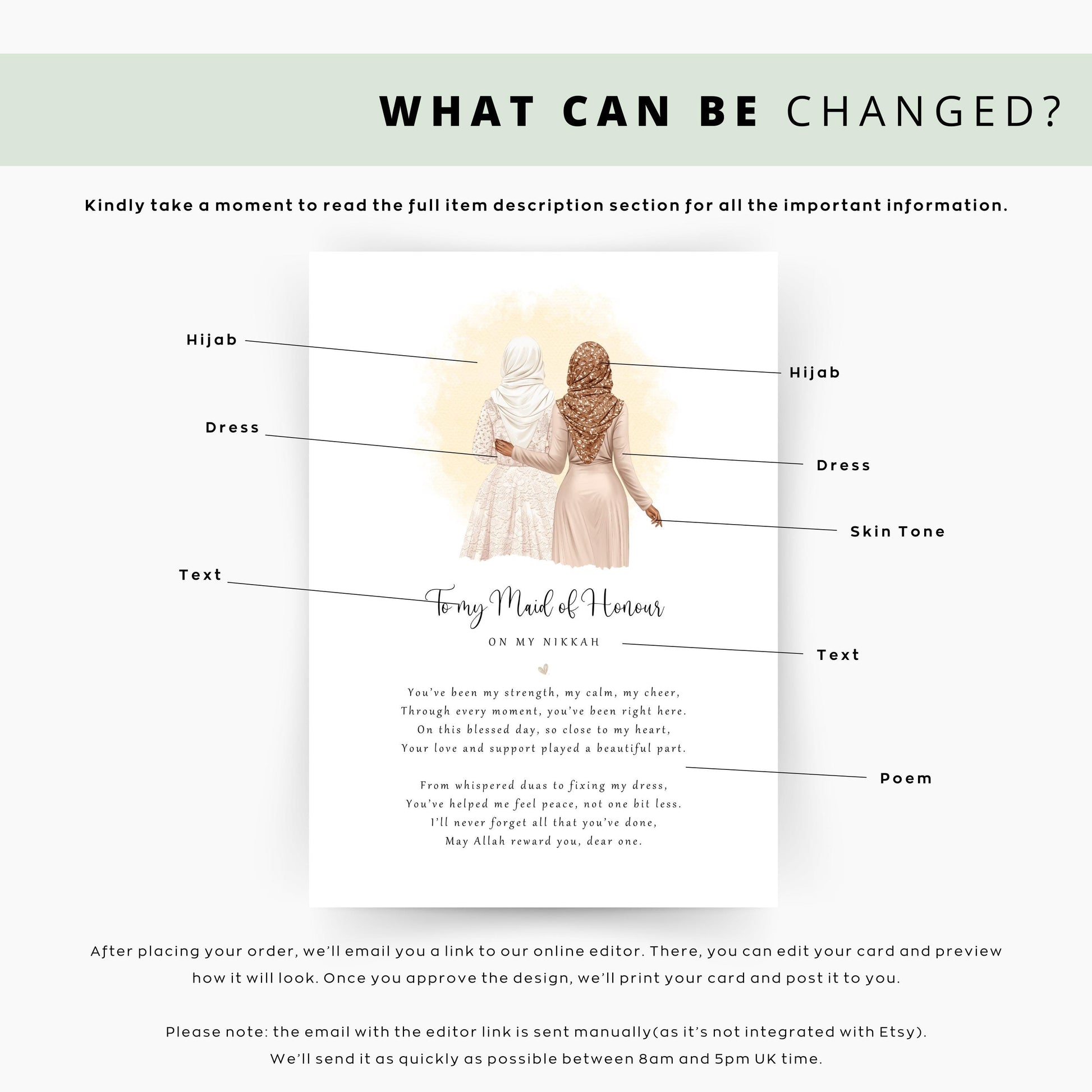 Personalised “To My Maid of Honour on My Nikkah” poem print with hijab illustration in wooden frame.