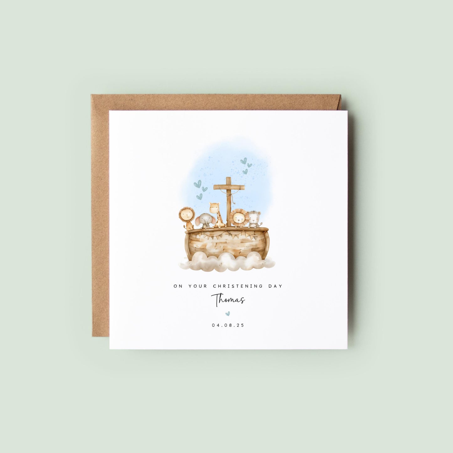 Personalised christening or baptism card for boys featuring Noah’s Ark with animals and cross, blue watercolour accents. Customisable with name and date. Ideal for son, godson, nephew, brother or grandson.