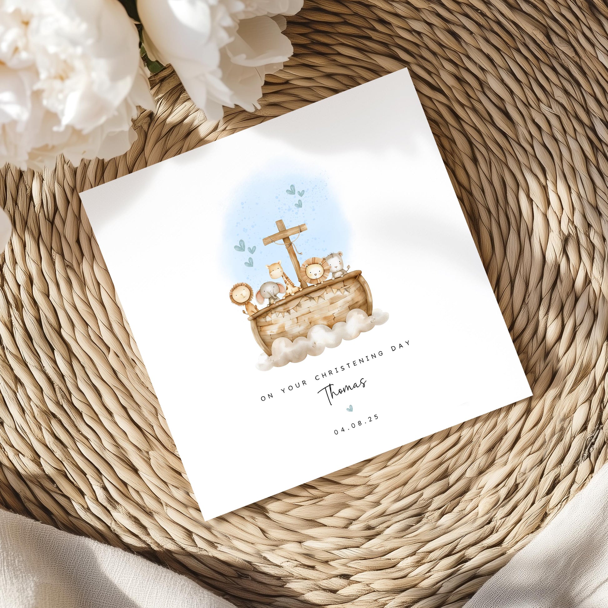 Personalised christening or baptism card for boys featuring Noah’s Ark with animals and cross, blue watercolour accents. Customisable with name and date. Ideal for son, godson, nephew, brother or grandson.