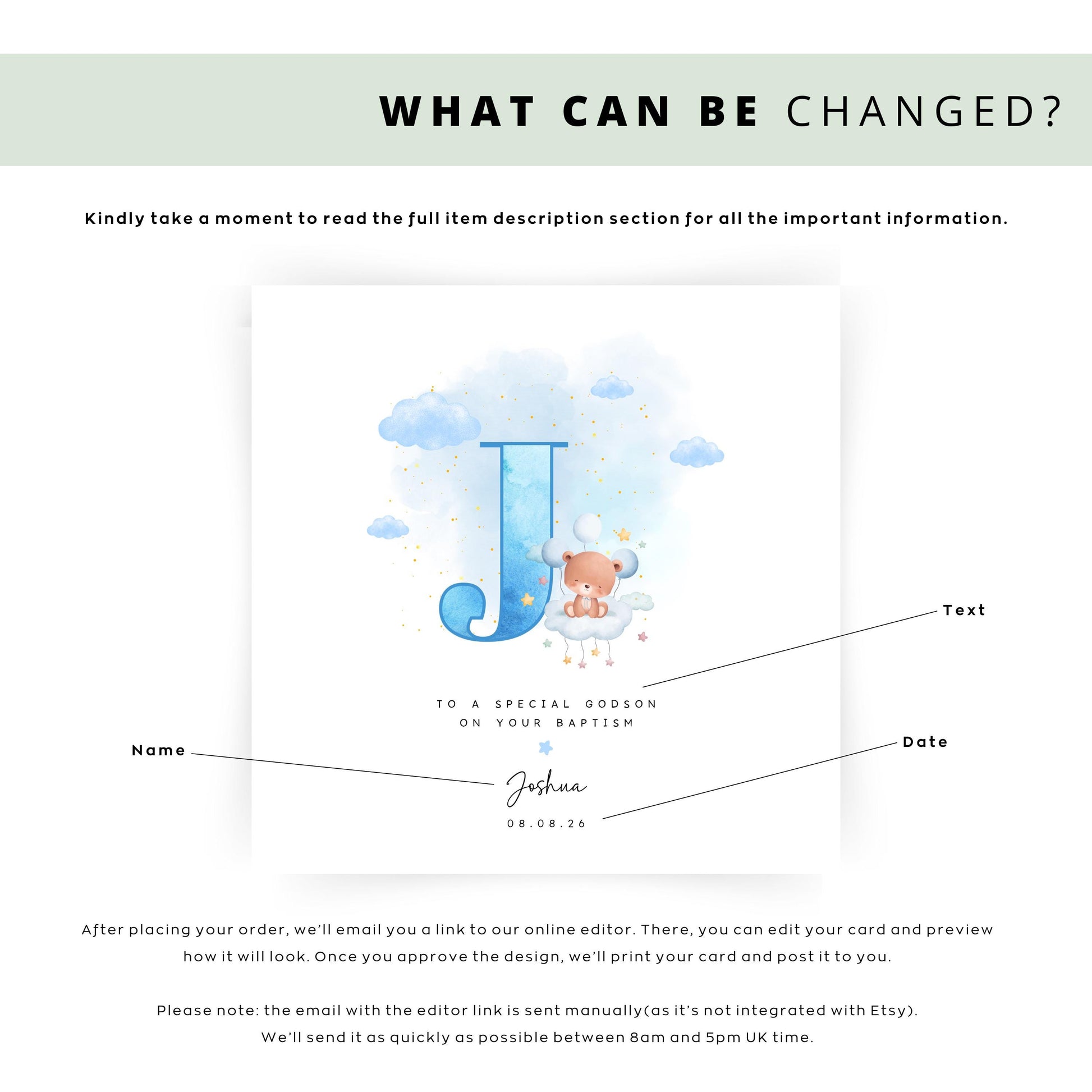 Personalised baptism card for baby boy with blue watercolour letter, teddy bear on cloud, and custom name and date. Ideal for christenings or naming days.