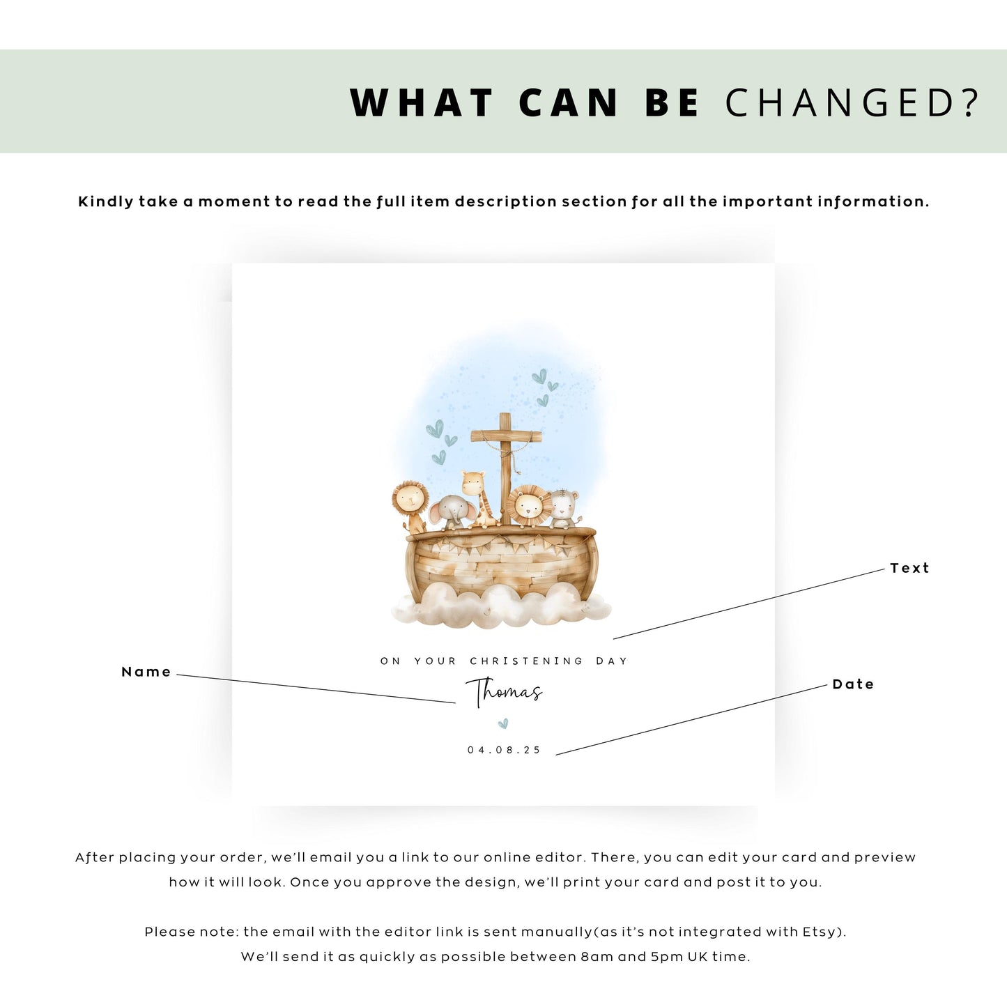 Personalised christening or baptism card for boys featuring Noah’s Ark with animals and cross, blue watercolour accents. Customisable with name and date. Ideal for son, godson, nephew, brother or grandson.