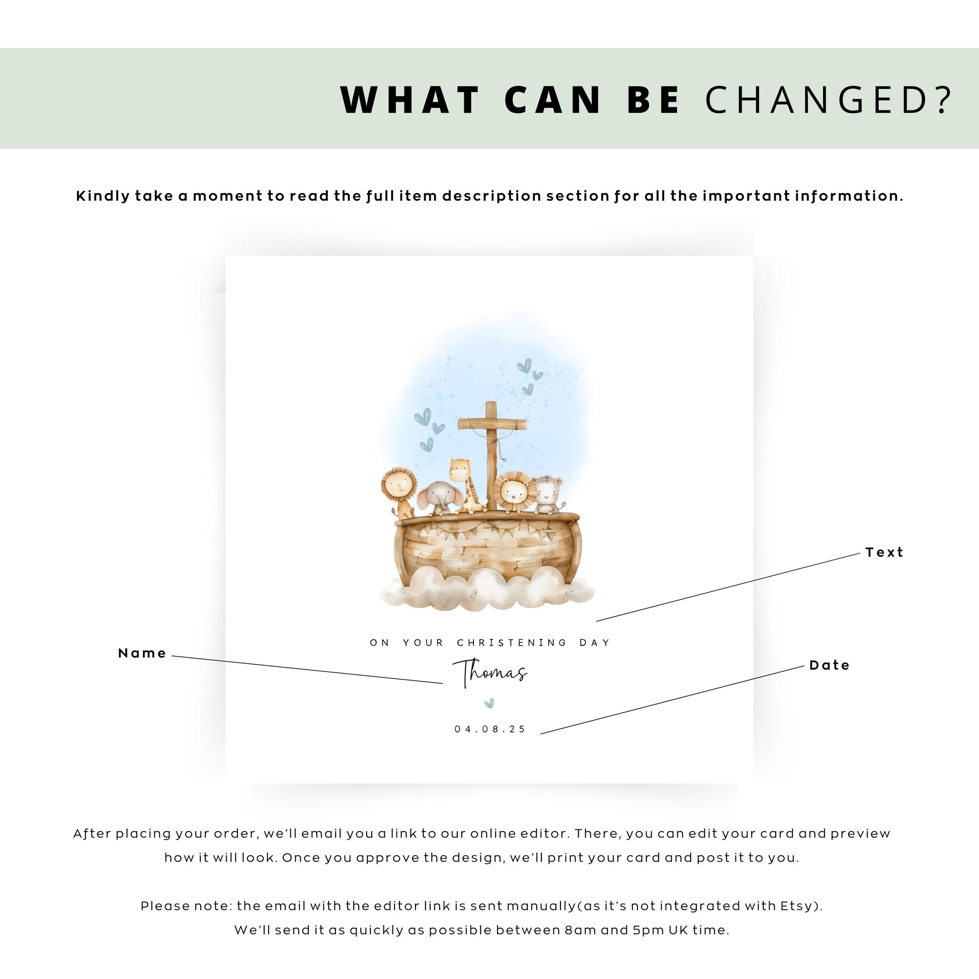 Personalised christening or baptism card for boys featuring Noah’s Ark with animals and cross, blue watercolour accents. Customisable with name and date. Ideal for son, godson, nephew, brother or grandson.