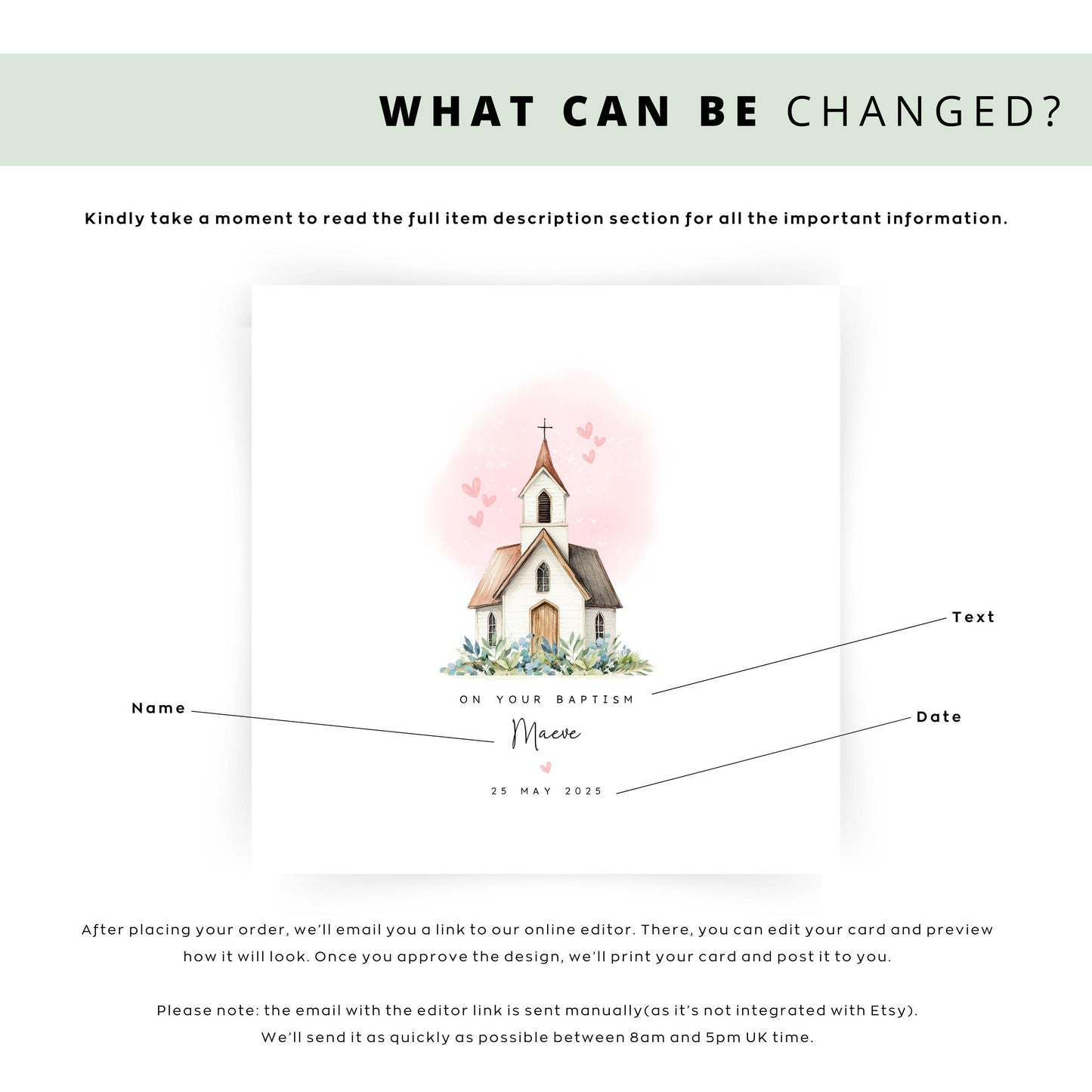 Personalised christening or baptism card for girls featuring a church with pink hearts. Customisable with name and date. Perfect keepsake for daughter, goddaughter, niece, sister or granddaughter. Eco-friendly and plastic-free.