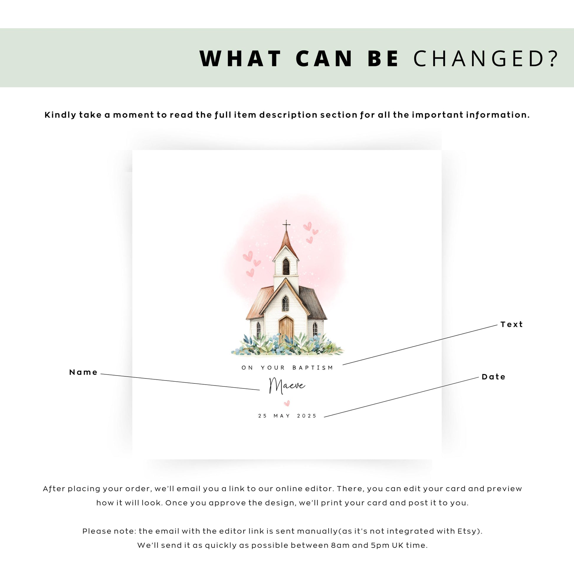 Personalised christening or baptism card for girls featuring a church with pink hearts. Customisable with name and date. Perfect keepsake for daughter, goddaughter, niece, sister or granddaughter. Eco-friendly and plastic-free.